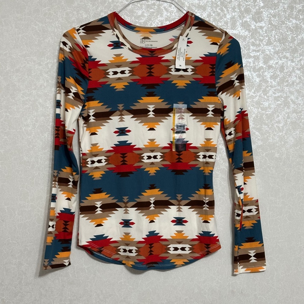 NWT!❤️🤎💙 NO BOUNDARIES LONG SLEEVE AZTEC SOUTHWEST JUNIOR TOP! SIZE: L (11-13)